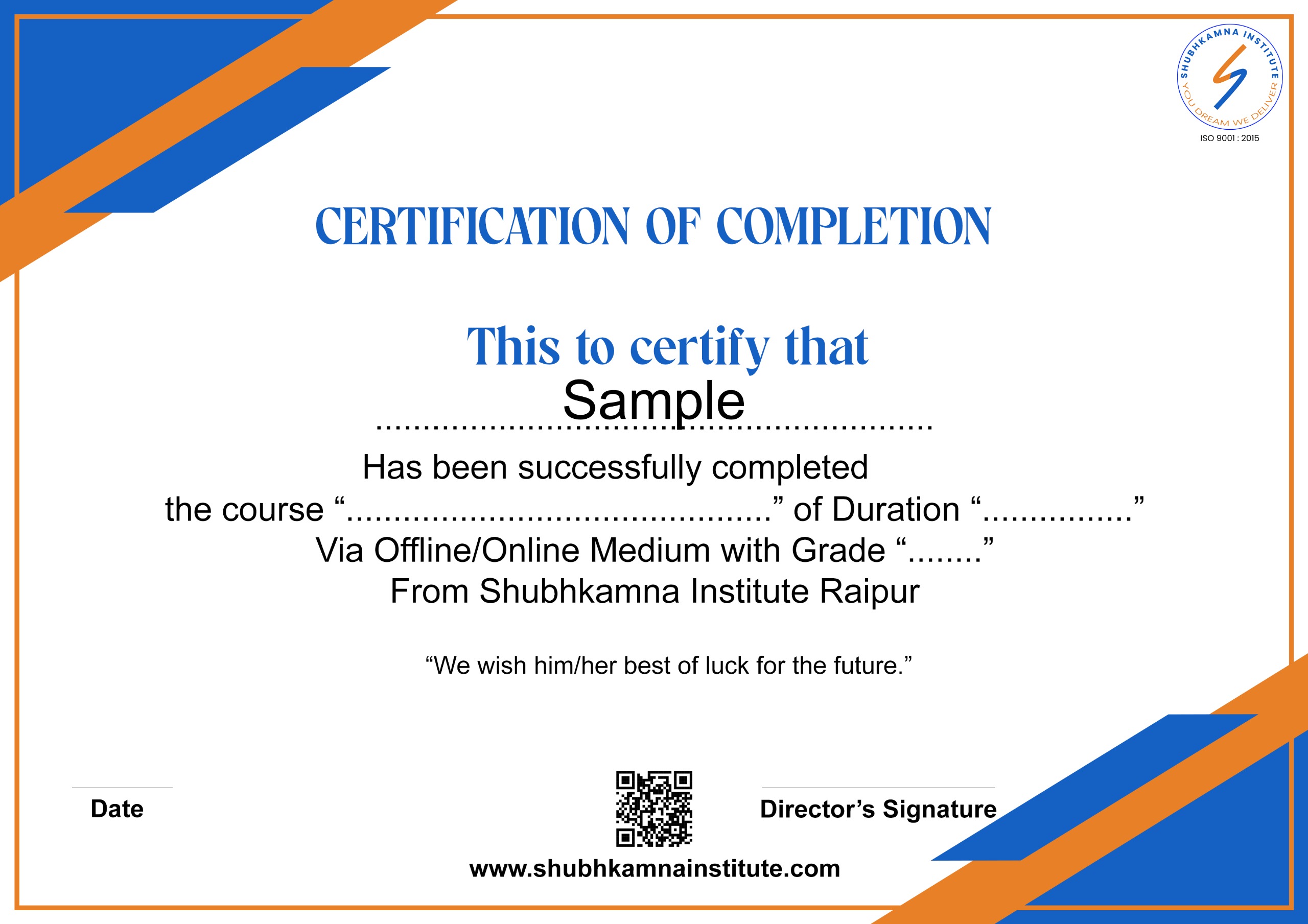 Sample Course Completion Certificate by Shubhkamna Institute